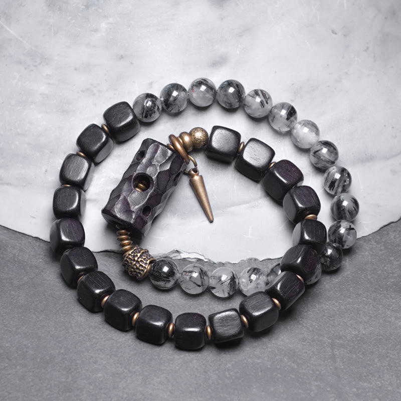 Bracelet double tour en bois d'ébène et quartz rutile noir de 8 mm