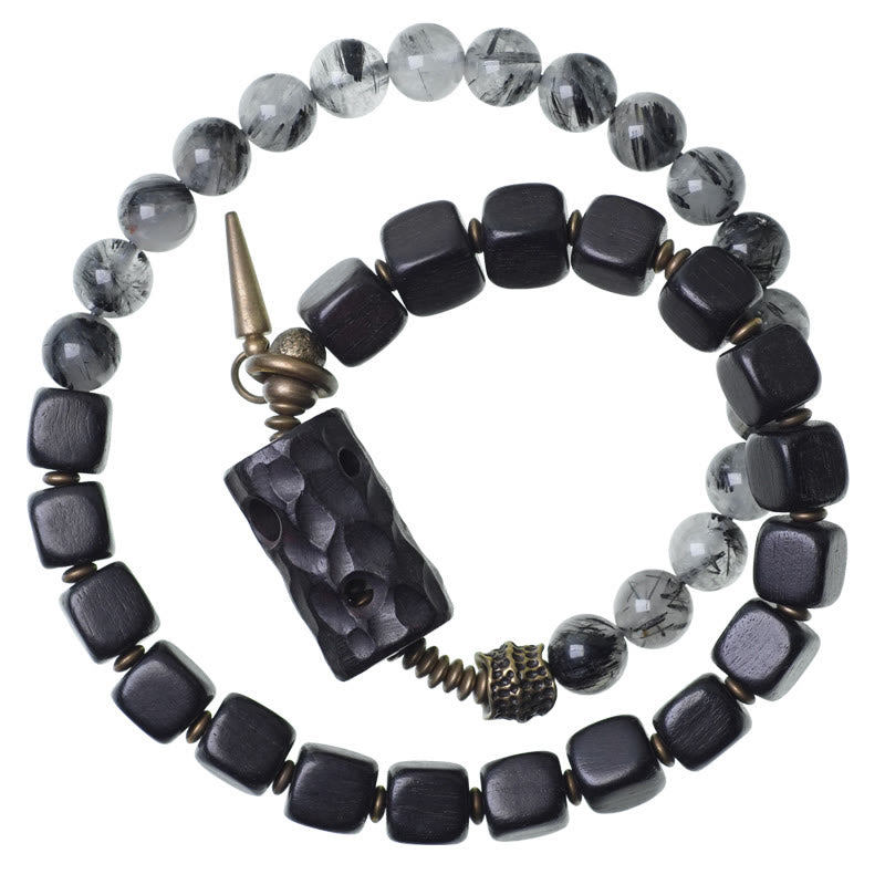 Bracelet double tour en bois d'ébène et quartz rutile noir de 8 mm