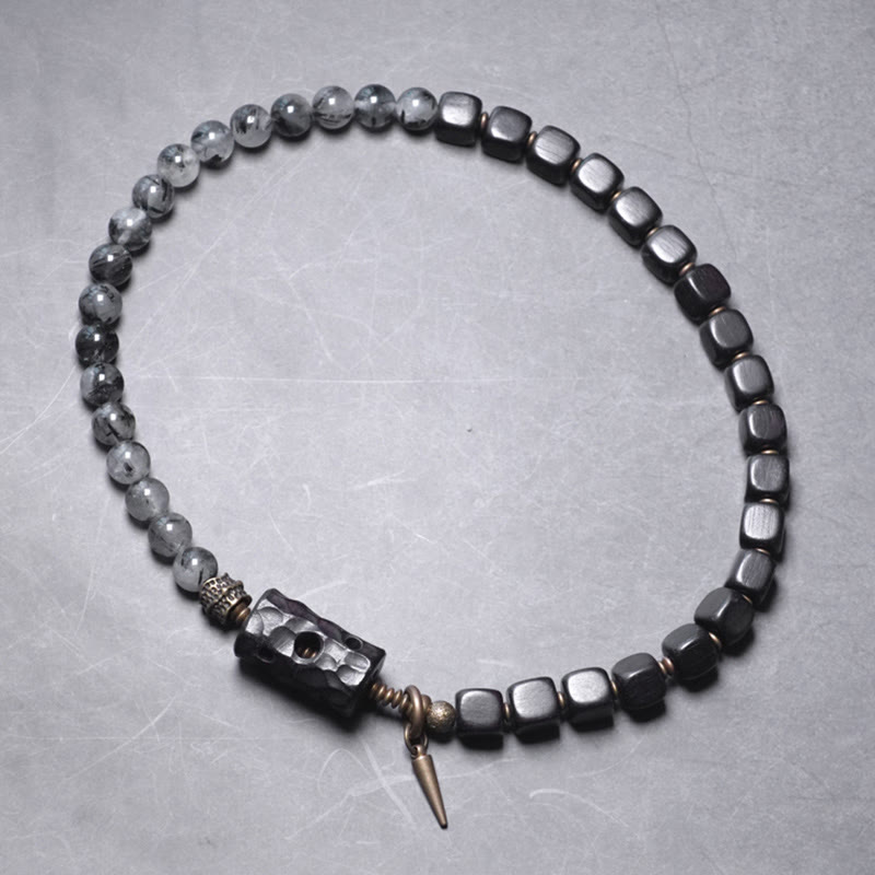Bracelet double tour en bois d'ébène et quartz rutile noir de 8 mm