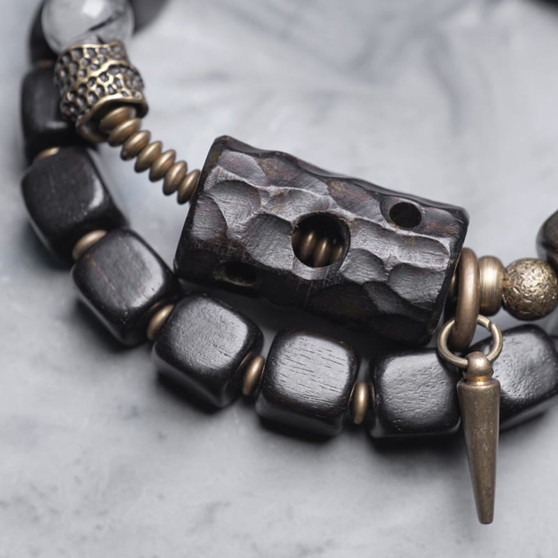 Bracelet double tour en bois d'ébène et quartz rutile noir de 8 mm