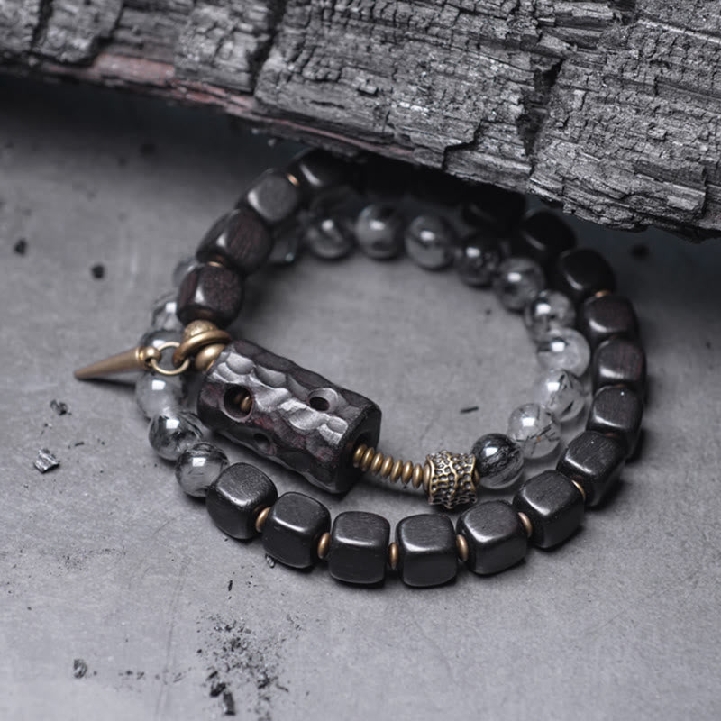 Bracelet double tour en bois d'ébène et quartz rutile noir de 8 mm