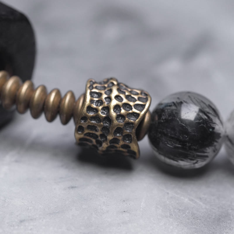 Bracelet double tour en bois d'ébène et quartz rutile noir de 8 mm