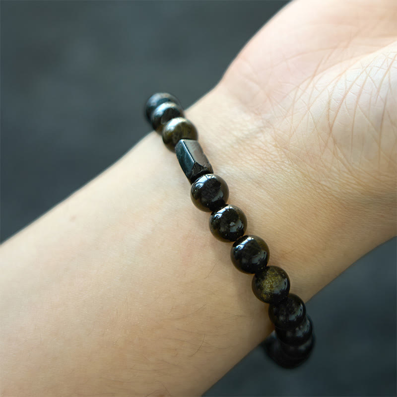 Bracelet de richesse en obsidienne et tourmaline noire brillante dorée de 8 mm, 14 cm