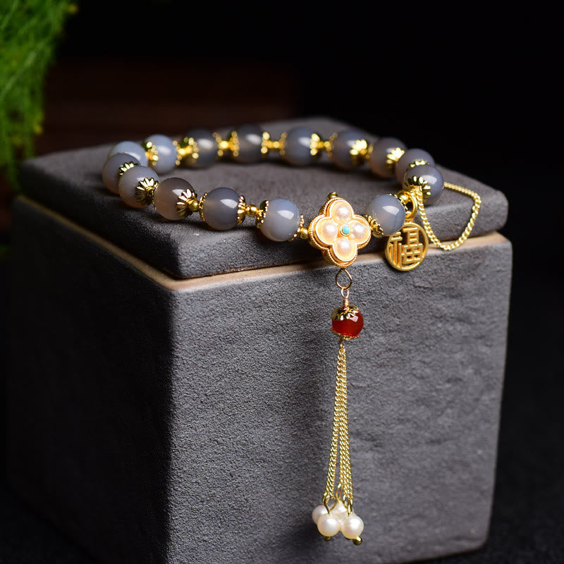 Bracelet d'équilibre en agate grise de 8 mm avec personnage Fu