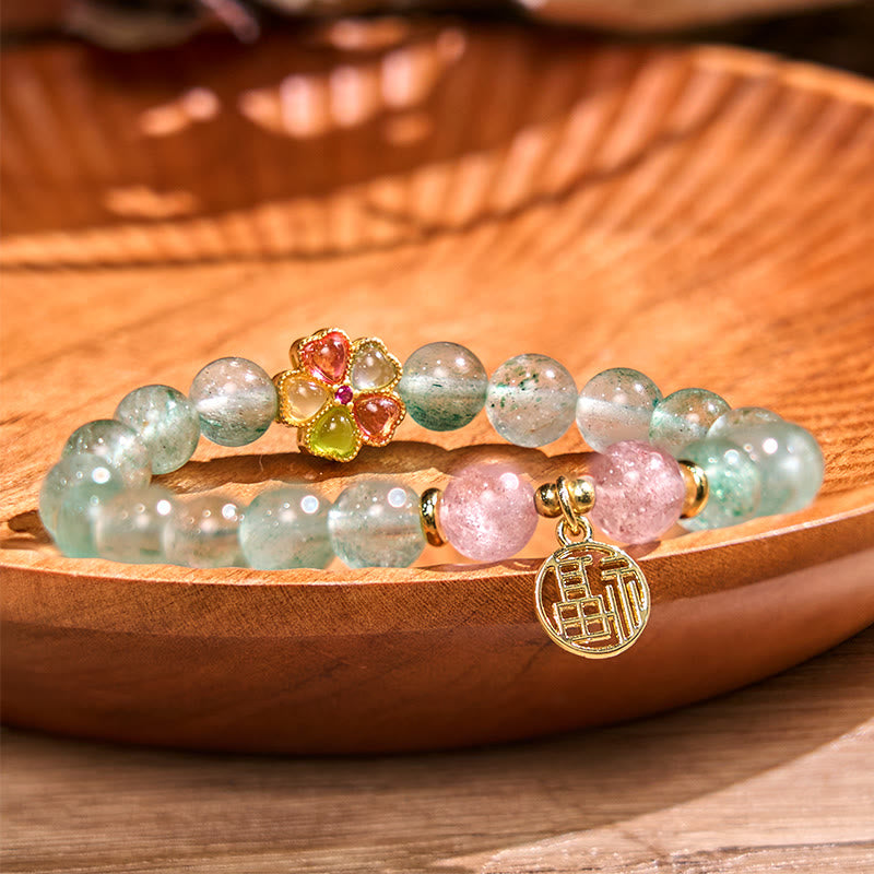 Bracelet spirituel Fu en quartz vert fraise de 8 mm