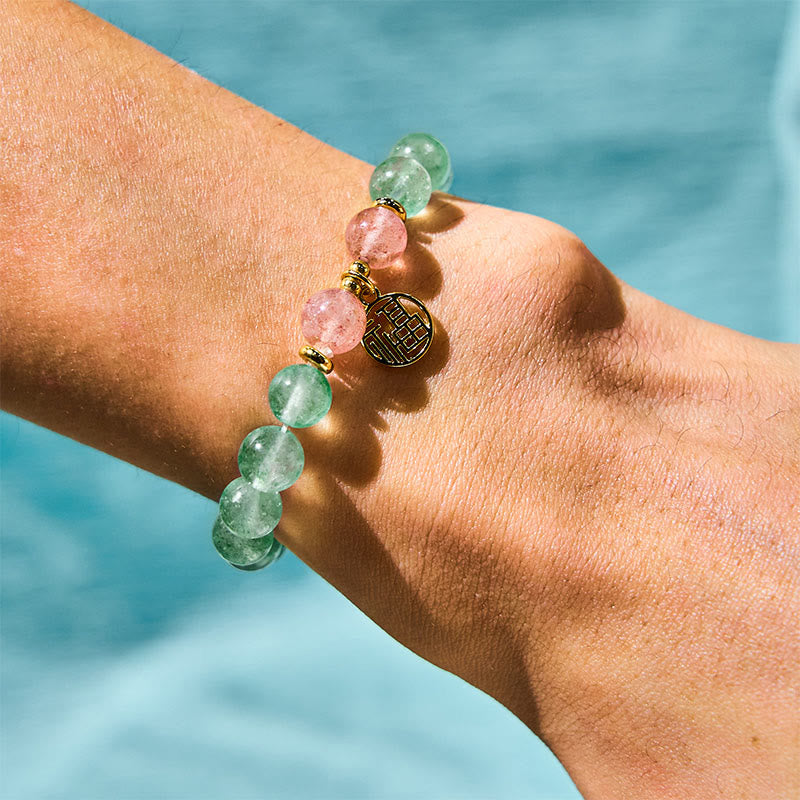 Bracelet spirituel Fu en quartz vert fraise de 8 mm