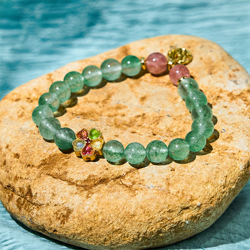 Bracelet spirituel Fu en quartz vert fraise de 8 mm