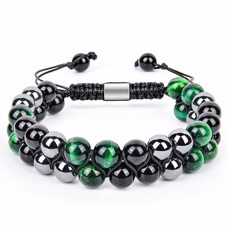 Bracelet double rang en œil de tigre vert et obsidienne noire de 8 mm