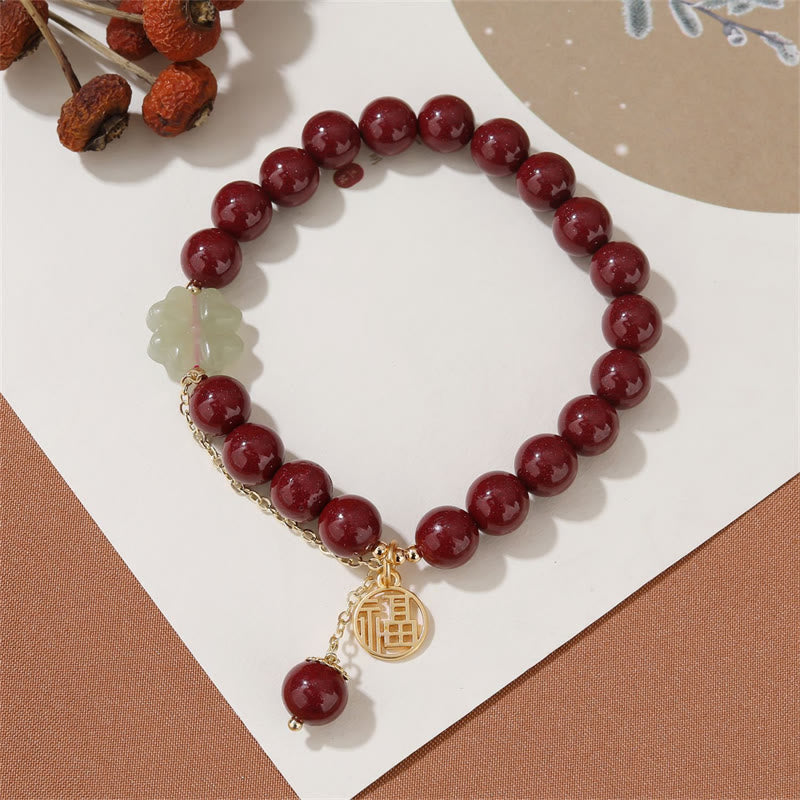 Bracelet en jade Hetian de 8 mm avec breloque de bénédiction Fu en cinabre