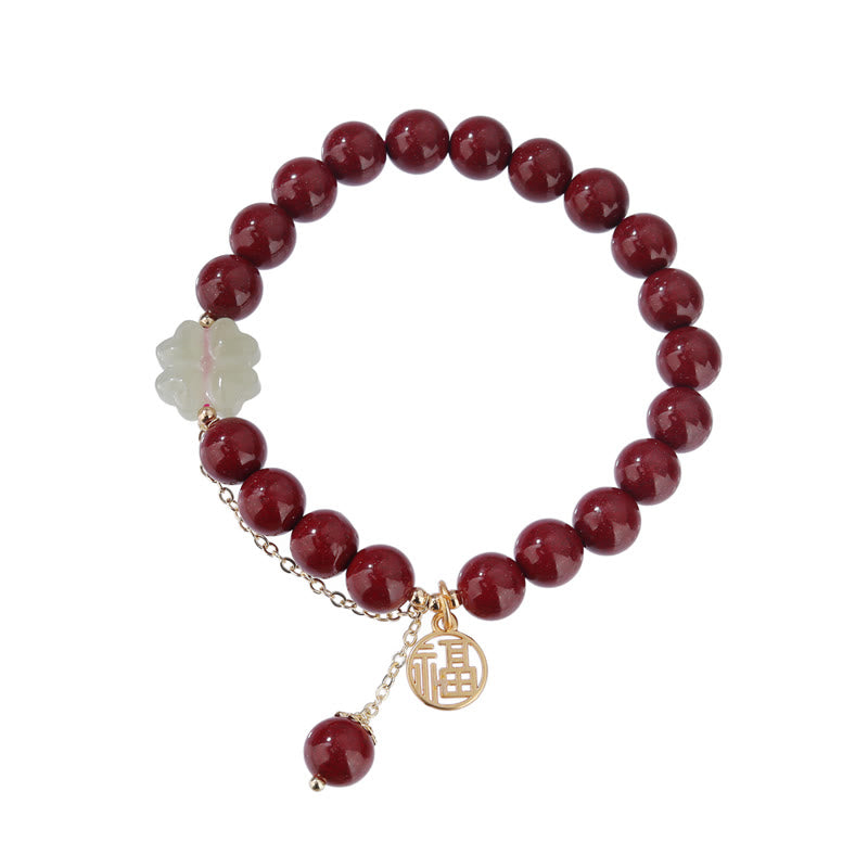 Bracelet en jade Hetian de 8 mm avec breloque de bénédiction Fu en cinabre