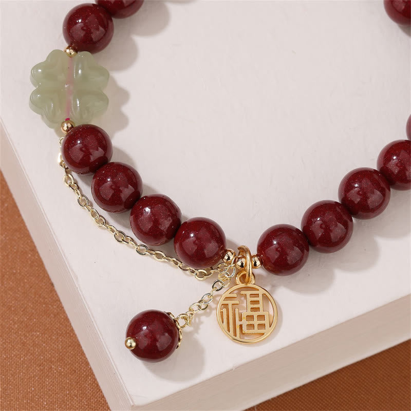Bracelet en jade Hetian de 8 mm avec breloque de bénédiction Fu en cinabre