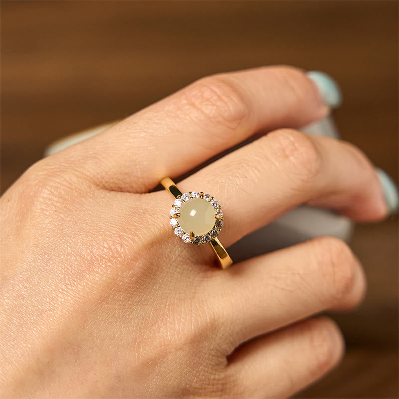 Bague ouverte en cuivre et jade Hetian de 8 mm pour la chance et la prospérité