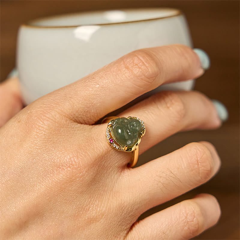 Bague Bouddha rieur en jade Hetian de 8 mm pour la chance et la prospérité