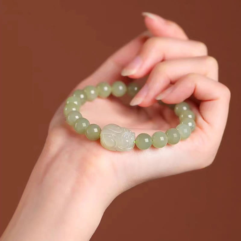 Bracelet porte-bonheur PiXiu en jade Hetian de 8 mm pour la prospérité et la protection