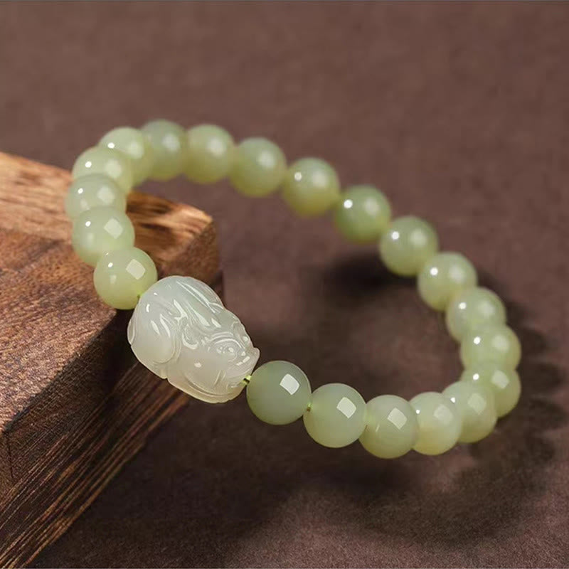 Bracelet porte-bonheur PiXiu en jade Hetian de 8 mm pour la prospérité et la protection