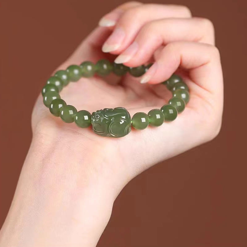 Bracelet porte-bonheur PiXiu en jade Hetian de 8 mm pour la prospérité et la protection
