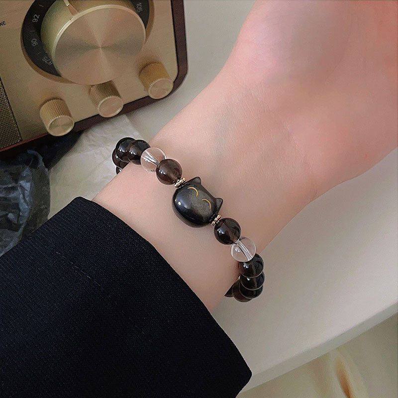 Bracelet unisexe avec breloque chat en obsidienne glacée de 8 mm
