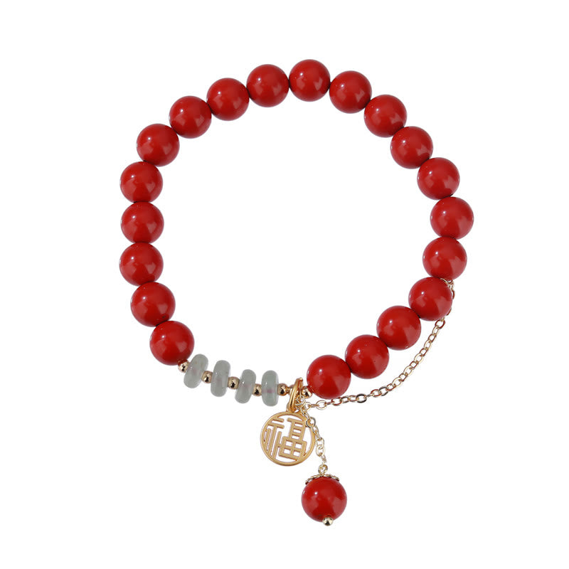 Bracelet en jade de 8 mm avec symbole cinabre et caractère Fu