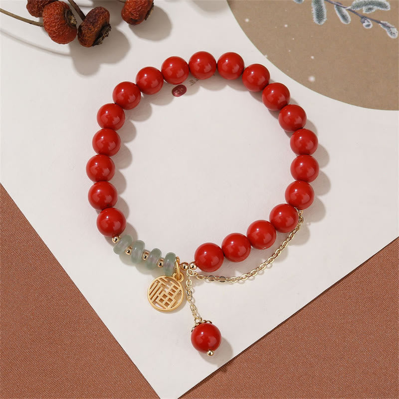 Bracelet en jade de 8 mm avec symbole cinabre et caractère Fu