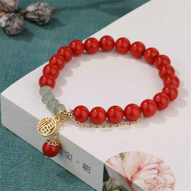 Bracelet en jade de 8 mm avec symbole cinabre et caractère Fu