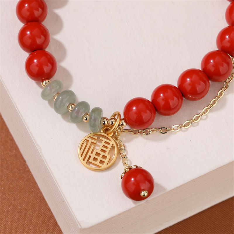 Bracelet en jade de 8 mm avec symbole cinabre et caractère Fu