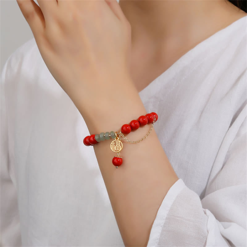Bracelet en jade de 8 mm avec symbole cinabre et caractère Fu