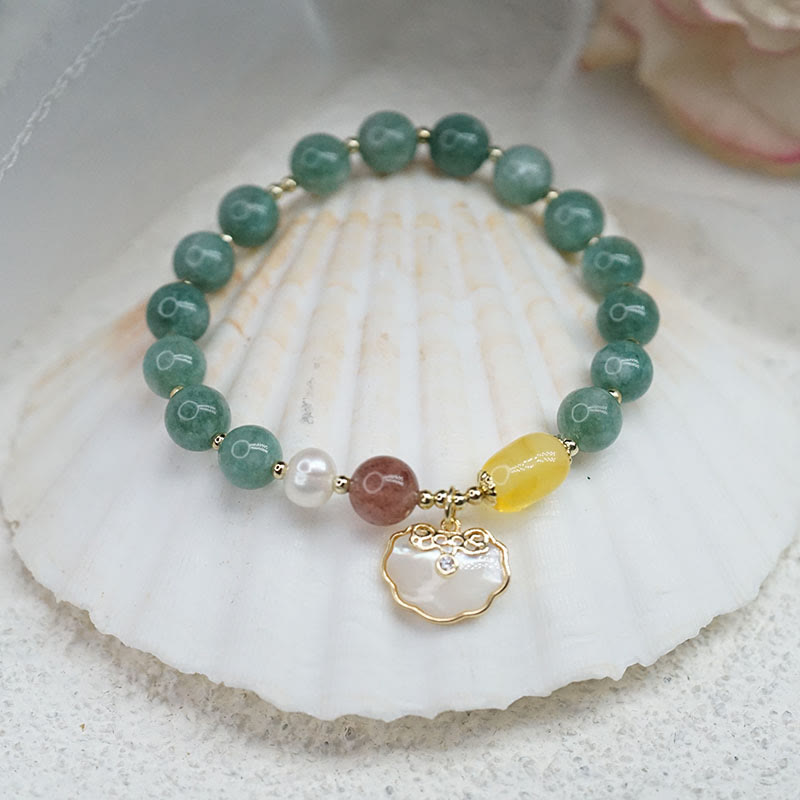 Bracelet porte-bonheur en jade et coquillage de 8 mm avec breloque cadenas Ruyi