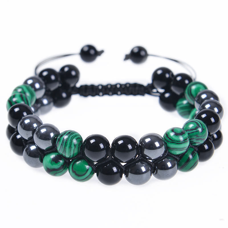 Bracelet en malachite de 8 mm avec perles d'obsidienne noire et de magnétite
