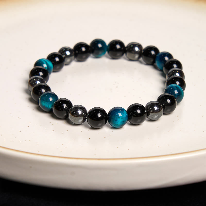 Bracelet de protection en obsidienne hématite œil de tigre jaune pour homme (8 mm)