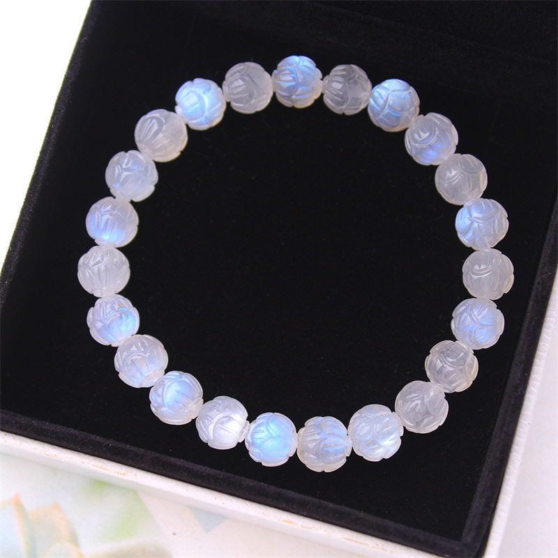 Bracelet en pierre de lune 8 mm Lotus Love pour le calme et la guérison