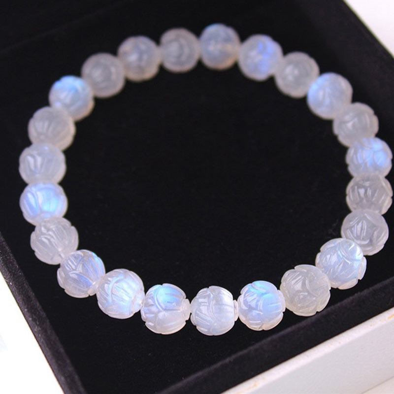 Bracelet en pierre de lune 8 mm Lotus Love pour le calme et la guérison