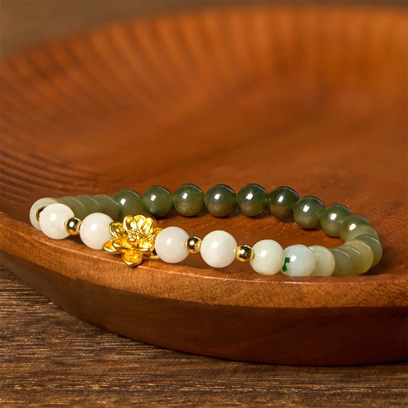 Bracelet d'abondance en jade naturel Hetian dégradé de 8 mm avec lotus