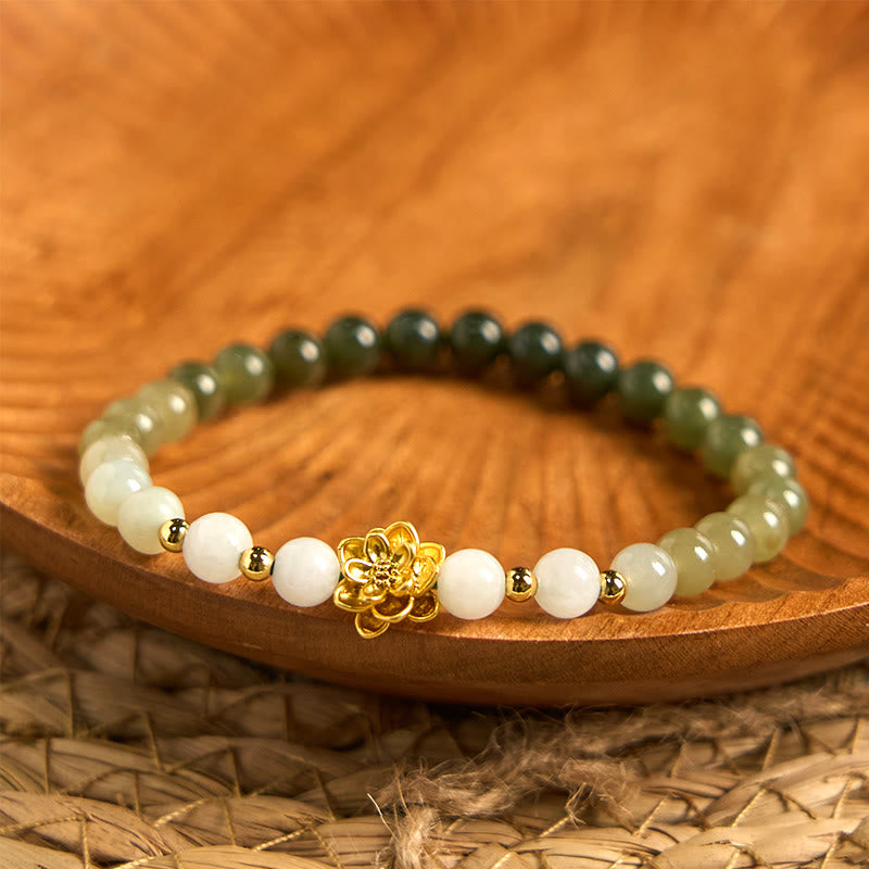 Bracelet d'abondance en jade naturel Hetian dégradé de 8 mm avec lotus