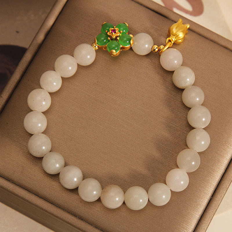 Bracelet fleur porte-bonheur en jade naturel de 8 mm