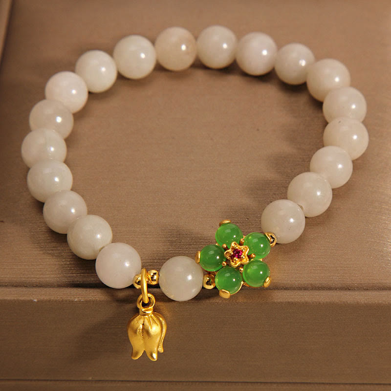 Bracelet fleur porte-bonheur en jade naturel de 8 mm