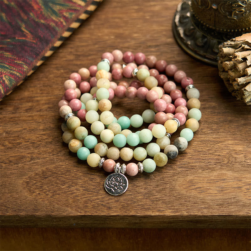 Bracelet Mala Compassion 108 perles en rhodonite et amazonite de 8 mm