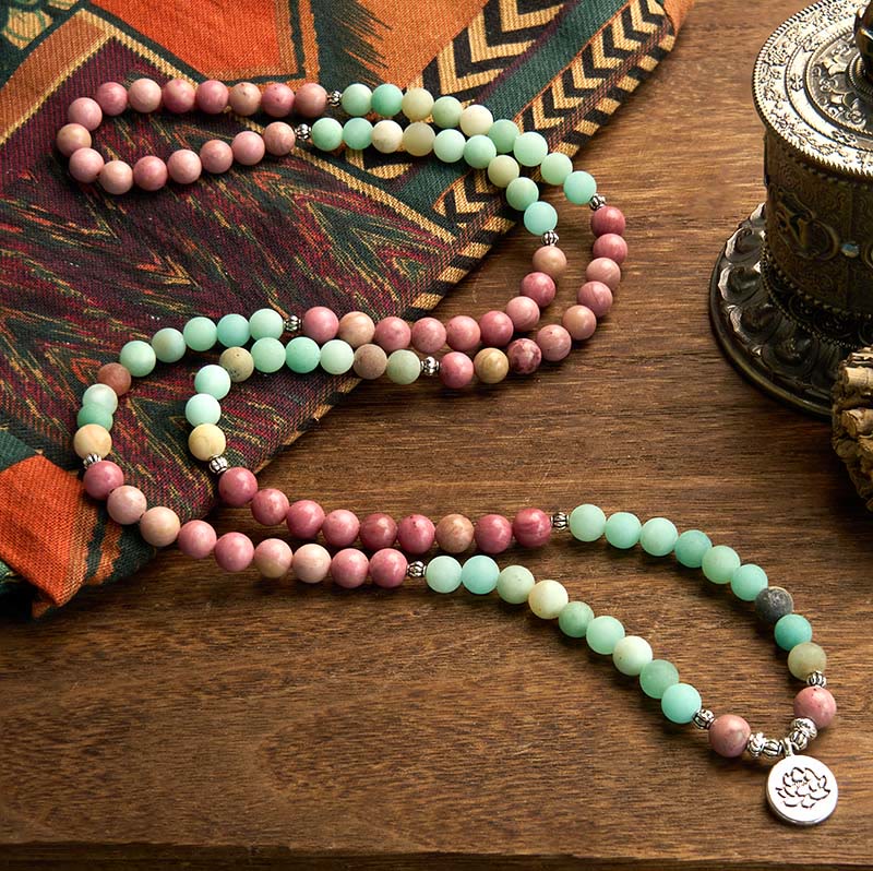 Bracelet Mala en rhodonite et amazonite de 8 mm avec pendentif lotus pour la méditation