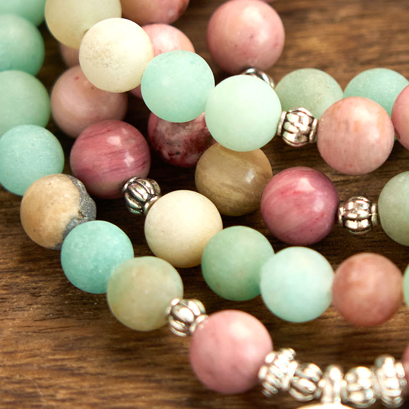 Bracelet Mala en rhodonite et amazonite de 8 mm avec pendentif lotus pour la méditation