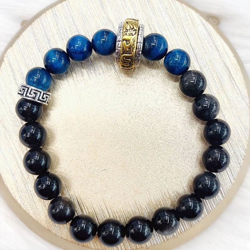 Bracelet de protection Om Mani Padme Hum en obsidienne argentée brillante de 8 mm