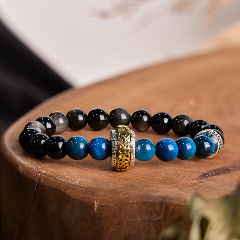 Bracelet de protection Om Mani Padme Hum en obsidienne argentée brillante de 8 mm