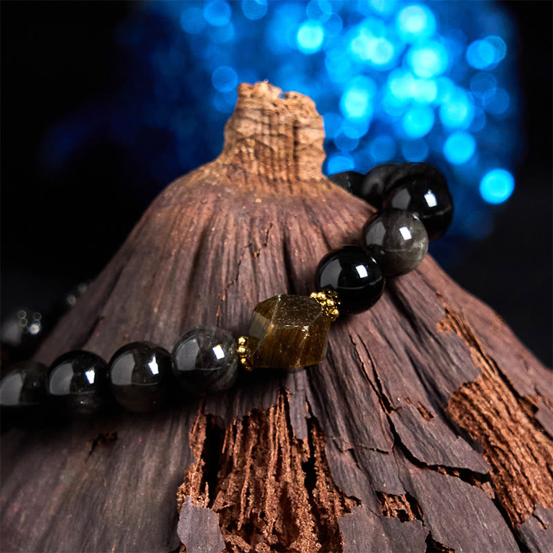 Bracelet apaisant unisexe en obsidienne argentée brillante de 8 mm