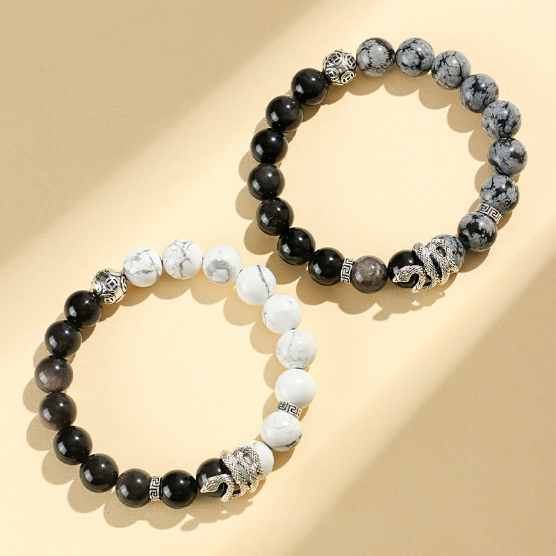 Bracelet de protection serpent en obsidienne blanche turquoise et argent brillant (8 mm) - Année 2025