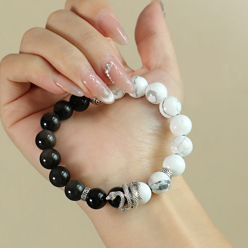 Bracelet de protection serpent en obsidienne blanche turquoise et argent brillant (8 mm) - Année 2025