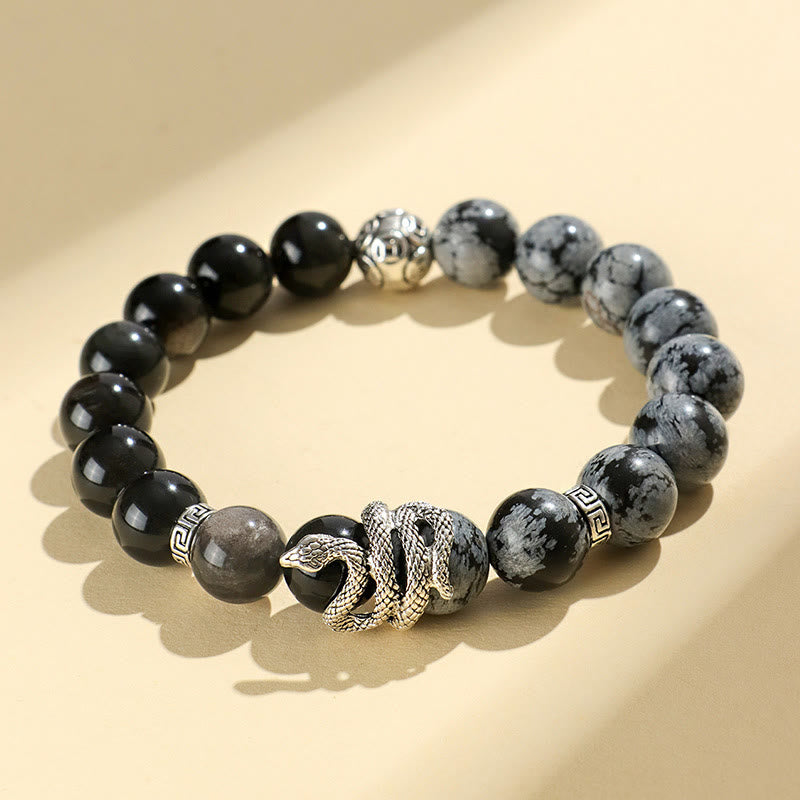 Bracelet de protection serpent en obsidienne blanche turquoise et argent brillant (8 mm) - Année 2025