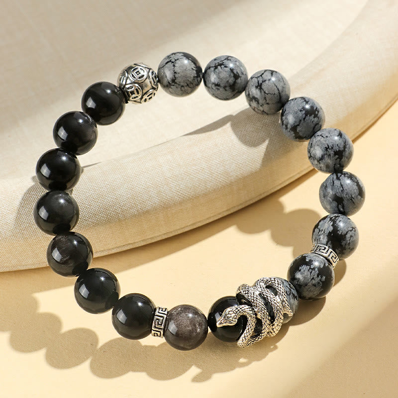 Bracelet de protection serpent en obsidienne blanche turquoise et argent brillant (8 mm) - Année 2025