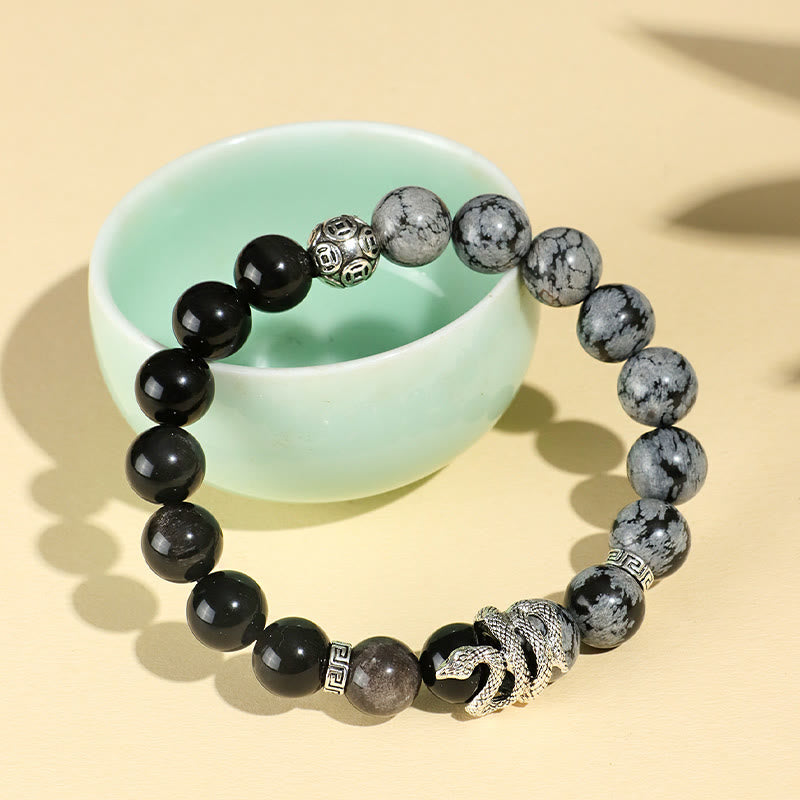 Bracelet de protection serpent en obsidienne blanche turquoise et argent brillant (8 mm) - Année 2025