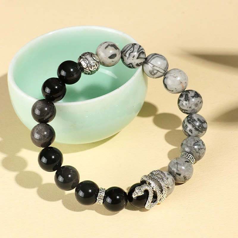 Bracelet de protection serpent en obsidienne blanche turquoise et argent brillant (8 mm) - Année 2025