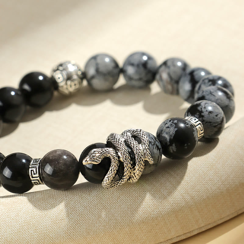 Bracelet de protection serpent en obsidienne blanche turquoise et argent brillant (8 mm) - Année 2025