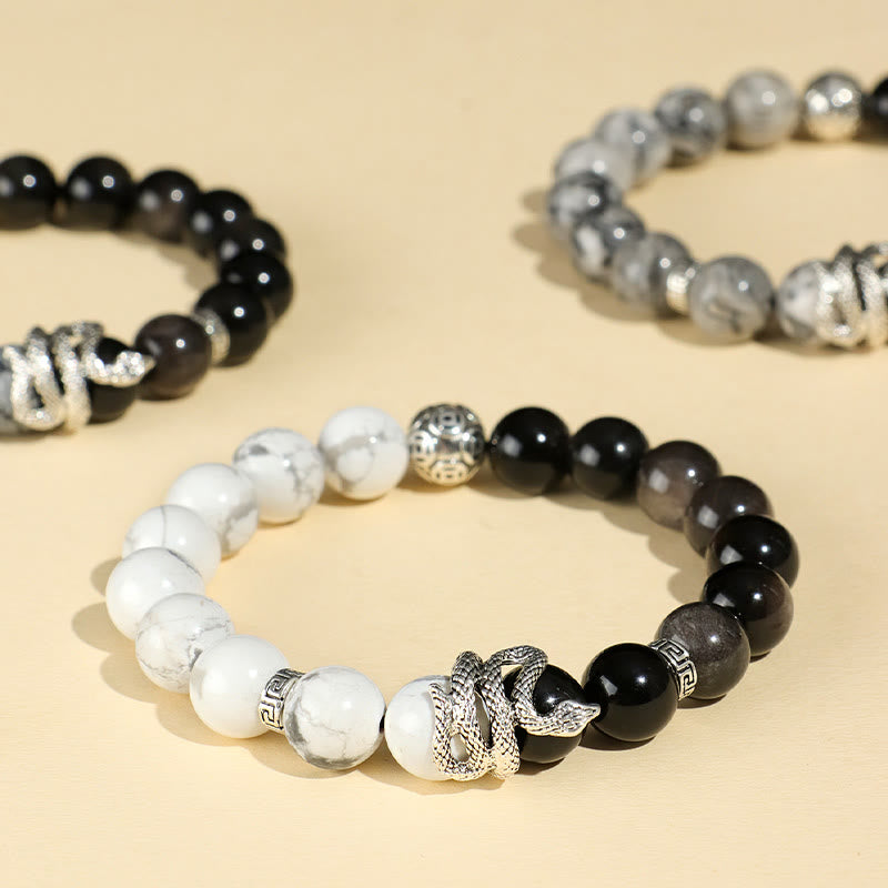 Bracelet de protection serpent en obsidienne blanche turquoise et argent brillant (8 mm) - Année 2025