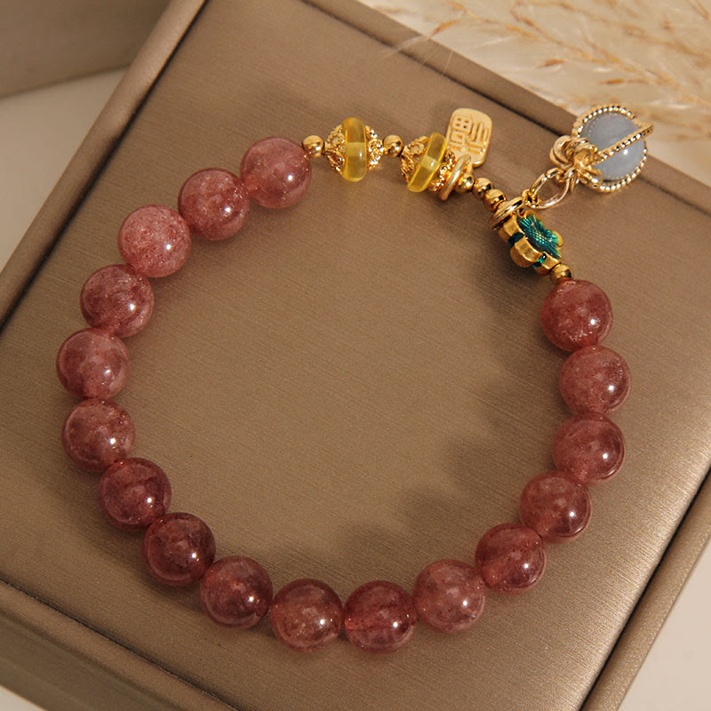 Bracelet porte-bonheur en quartz fraise et aigue-marine de 8 mm pour l'amour